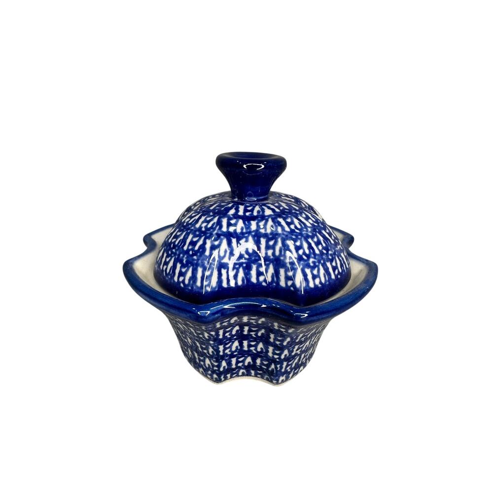 UNIKAT Polish Pottery Covered‎ Bowl Blue White Signed Ceramika Artystyczna